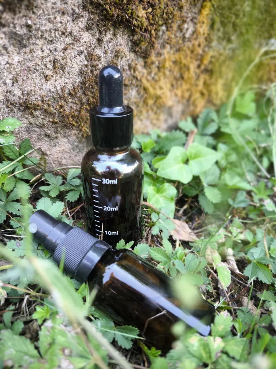 Braunglasflasche mit Pipette zwischen Efeu am Stein